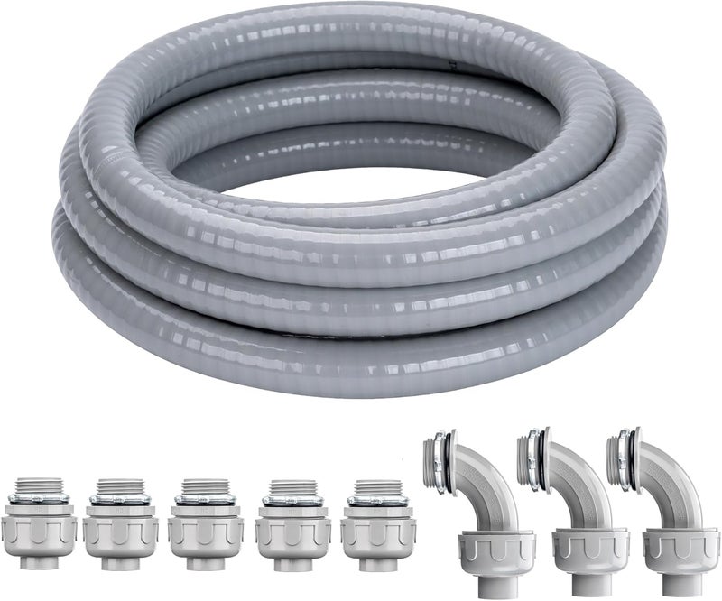 Geowaky 1 Inch 25 FT Liquid-Tight Conduit and Connector Kit Non Metallic Flexible Conduit Electrical Kit - 5 Straight and 3 Angle Fittings Included for Electrical Wiring - Image 1